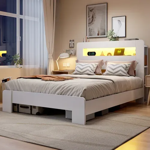 Ensemble Lit 140x200cm Et Matelas Mousse, Avec Rangement, LED Et Prises Intégrées, En Bois, Blanc