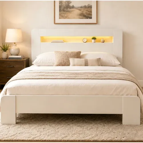 Ensemble Lit 140x200cm Et Matelas Mousse, Avec Rangement, LED Et Prises Intégrées, En Bois, Blanc