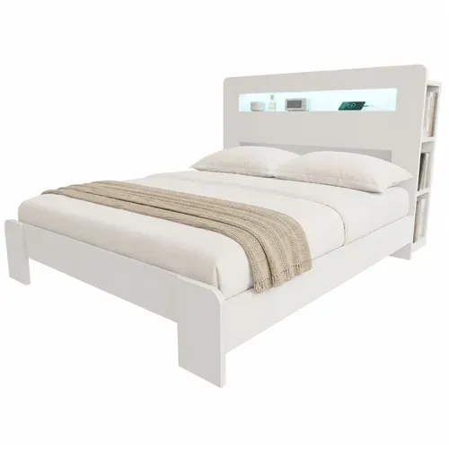 Ensemble Lit 140x200cm Et Matelas Mousse, Avec Rangement, LED Et Prises Intégrées, En Bois, Blanc