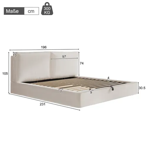 Lit Coffre Adulte 180x200cm Avec Rangement Hydraulique, Design Carré Simple, En Bouclé, Beige