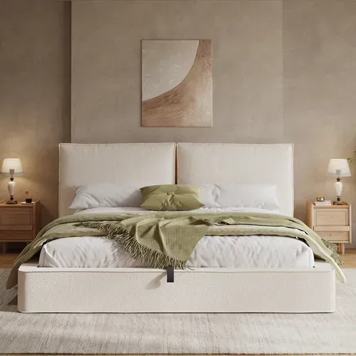 Lit Coffre Adulte 180x200cm Avec Rangement Hydraulique, Design Carré Simple, En Bouclé, Beige