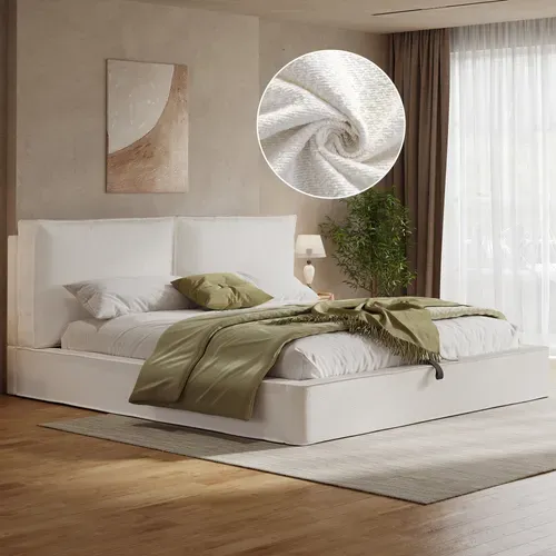Lit Coffre Adulte 180x200cm Avec Rangement Hydraulique, Design Carré Simple, En Bouclé, Beige