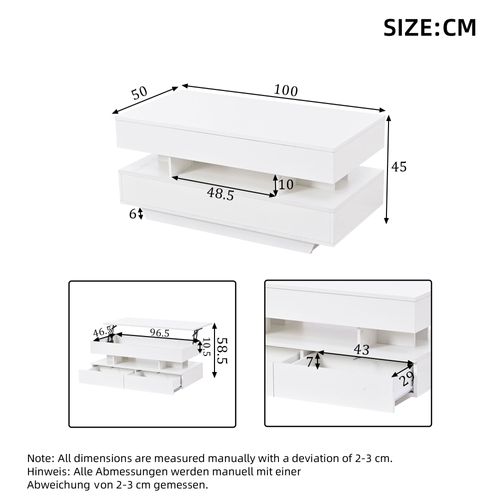 Table Basse Relevable 100x50x45cm Avec LED Et Rangements, 2 Tiroirs, Panneaux De Particules, Blanc