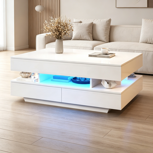Table Basse Relevable 100x50x45cm Avec LED Et Rangements, 2 Tiroirs, Panneaux De Particules, Blanc