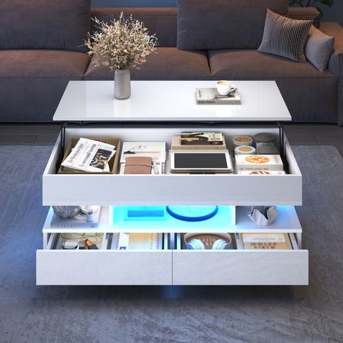 Table Basse Relevable 100x50x45cm Avec LED Et Rangements, 2 Tiroirs, Panneaux De Particules, Blanc