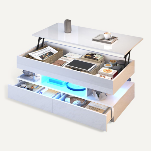 Table Basse Relevable 100x50x45cm Avec LED Et Rangements, 2 Tiroirs, Panneaux De Particules, Blanc