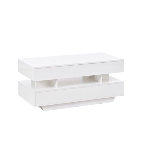 Table Basse Relevable 100x50x45cm Avec LED Et Rangements, 2 Tiroirs, Panneaux De Particules, Blanc