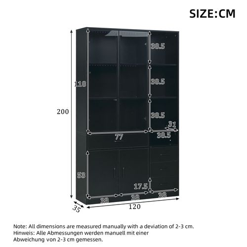 Buffet Haute 120x35x200cm Avec Vitrine En Verre, LED, 13 Espaces De Rangement Et 4 Tiroirs, Noir