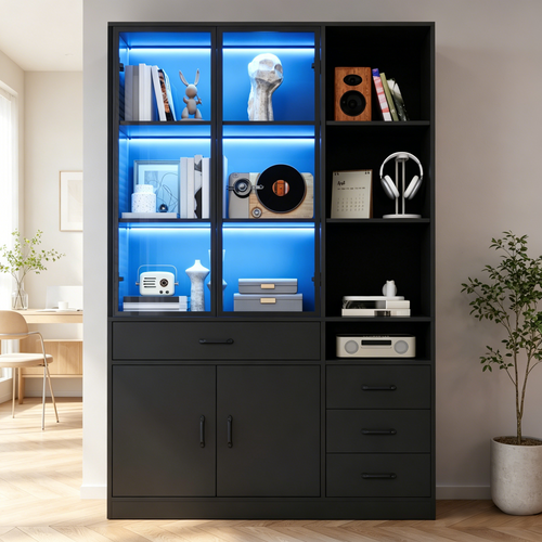 Buffet Haute 120x35x200cm Avec Vitrine En Verre, LED, 13 Espaces De Rangement Et 4 Tiroirs, Noir