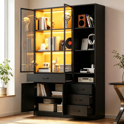 Buffet Haute 120x35x200cm Avec Vitrine En Verre, LED, 13 Espaces De Rangement Et 4 Tiroirs, Noir