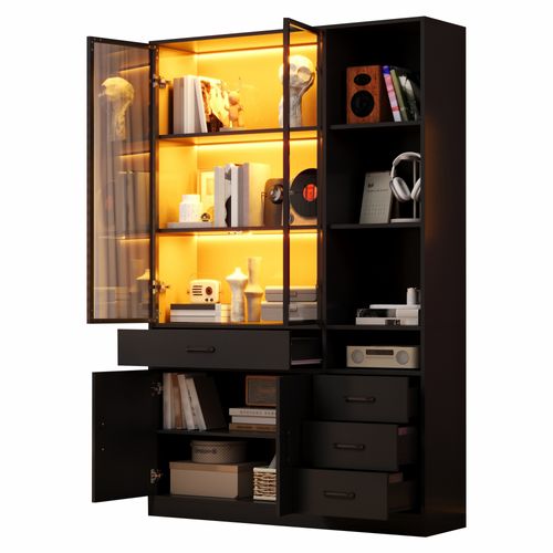 Buffet Haute 120x35x200cm Avec Vitrine En Verre, LED, 13 Espaces De Rangement Et 4 Tiroirs, Noir