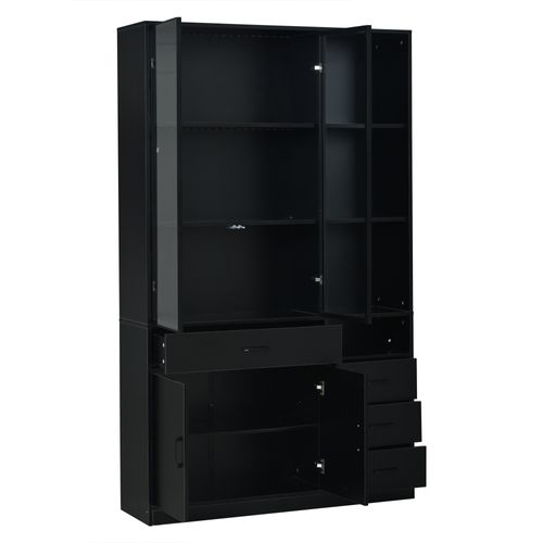 Buffet Haute 120x35x200cm Avec Vitrine En Verre, LED, 13 Espaces De Rangement Et 4 Tiroirs, Noir