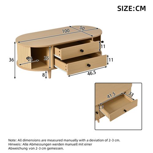Table Basse Ovale 100x50x36cm Avec Portes Enroulables Et 2 Tiroirs, En Mdf, Bois Naturel