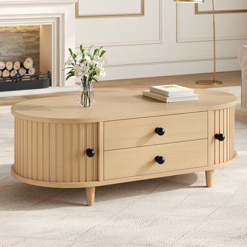 Table Basse Ovale 100x50x36cm Avec Portes Enroulables Et 2 Tiroirs, En Mdf, Bois Naturel