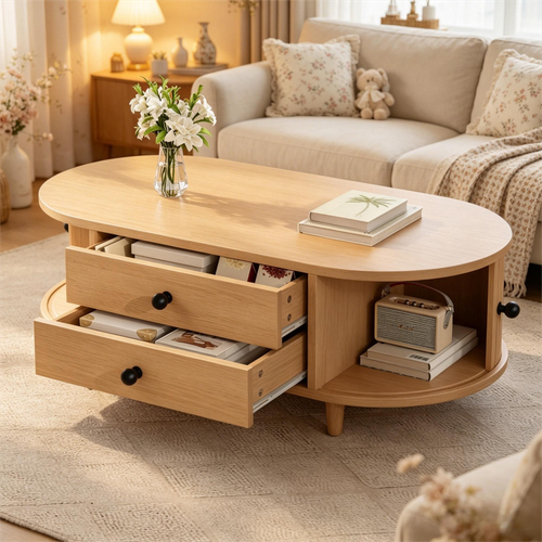 Table Basse Ovale 100x50x36cm Avec Portes Enroulables Et 2 Tiroirs, En Mdf, Bois Naturel