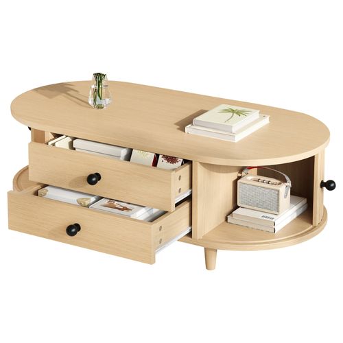 Table Basse Ovale 100x50x36cm Avec Portes Enroulables Et 2 Tiroirs, En Mdf, Bois Naturel