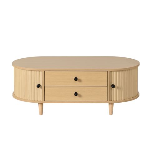 Table Basse Ovale 100x50x36cm Avec Portes Enroulables Et 2 Tiroirs, En Mdf, Bois Naturel