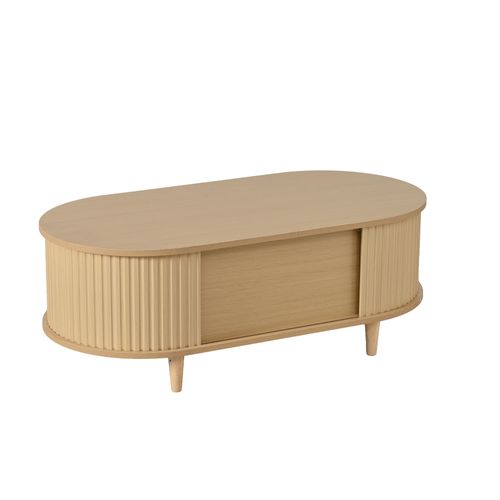 Table Basse Ovale 100x50x36cm Avec Portes Enroulables Et 2 Tiroirs, En Mdf, Bois Naturel