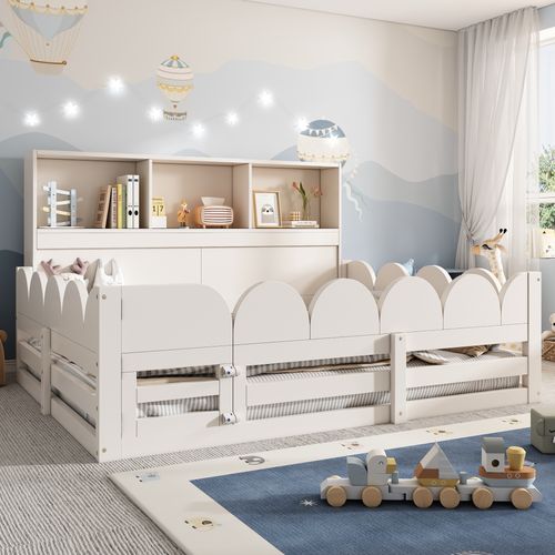 Lit Enfant Au Sol 140x200cm, Avec Barrières Anti-chute, Porte Et étagères, En Bois, Blanc