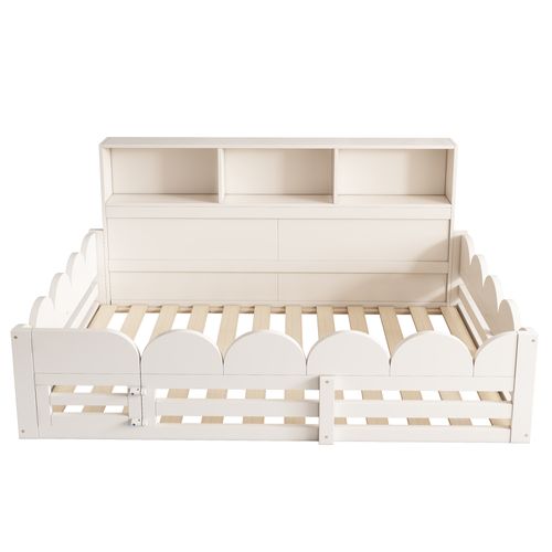 Lit Enfant Au Sol 140x200cm, Avec Barrières Anti-chute, Porte Et étagères, En Bois, Blanc