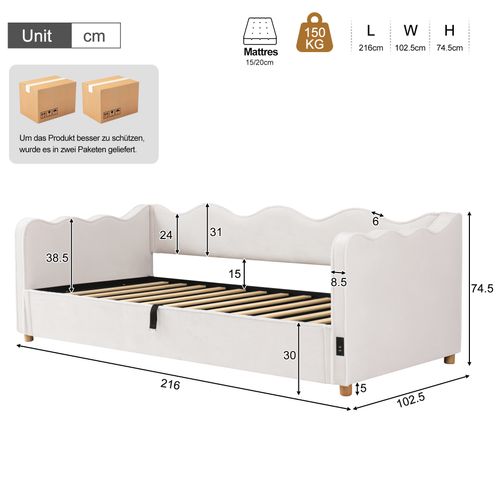 Lit Coffre Enfant 90x200 Cm Lit Simple Avec Rangement Hydraulique, USB, Velours, Beige