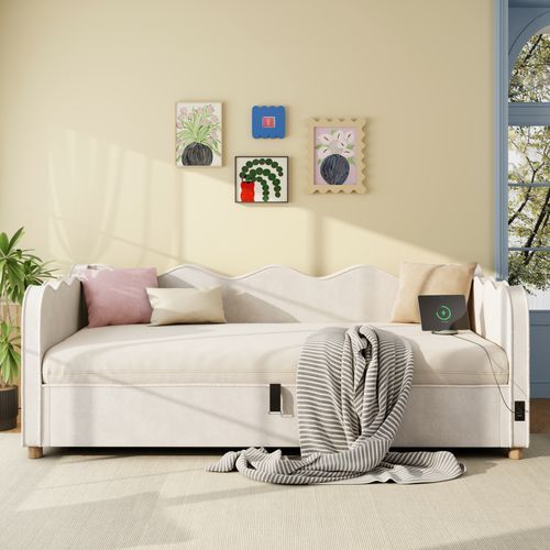 Lit Coffre Enfant 90x200 Cm Lit Simple Avec Rangement Hydraulique, USB, Velours, Beige