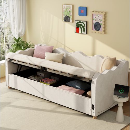 Lit Coffre Enfant 90x200 Cm Lit Simple Avec Rangement Hydraulique, USB, Velours, Beige