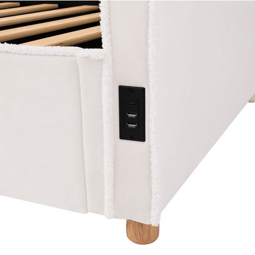 Lit Coffre Enfant 90x200 Cm Lit Simple Avec Rangement Hydraulique, USB, Velours, Beige