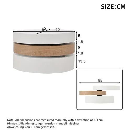 Table Basse Cylindrique 60x60x35cm, Plateau Rotatif 360°, 3 Plateaux, En Mdf, Blanc + Bois