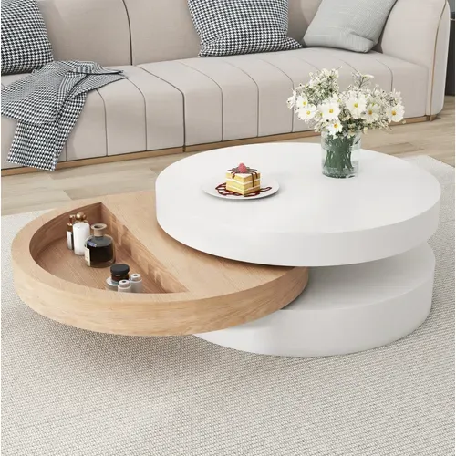 Table Basse Cylindrique 60x60x35cm, Plateau Rotatif 360°, 3 Plateaux, En Mdf, Blanc + Bois