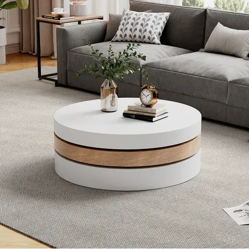 Table Basse Cylindrique 60x60x35cm, Plateau Rotatif 360°, 3 Plateaux, En Mdf, Blanc + Bois