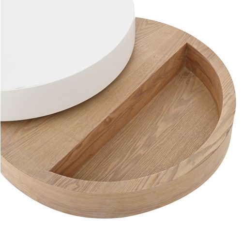 Table Basse Cylindrique 60x60x35cm, Plateau Rotatif 360°, 3 Plateaux, En Mdf, Blanc + Bois