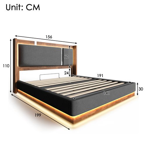 Lit Coffre Adulte 140x190 Cm Lit Double Avec LED Et Rangement, Lin, Gris