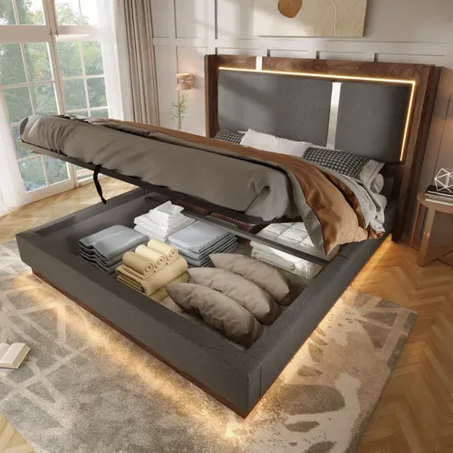 Lit Coffre Adulte 140x190 Cm Lit Double Avec LED Et Rangement, Lin, Gris