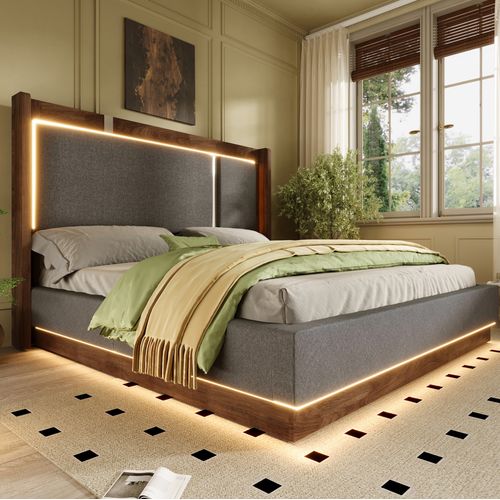 Lit Coffre Adulte 140x190 Cm Lit Double Avec LED Et Rangement, Lin, Gris