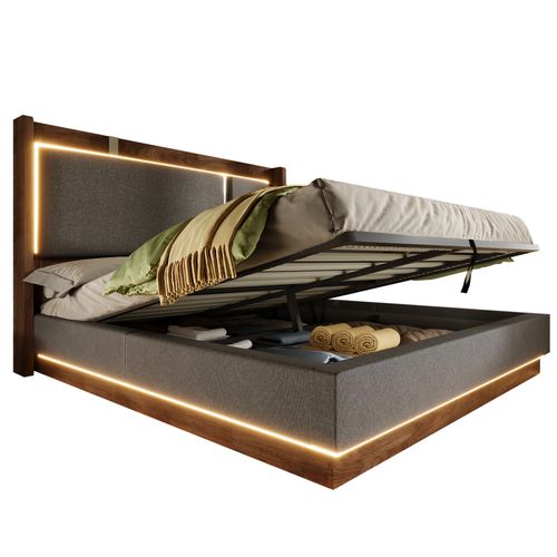 Lit Coffre Adulte 140x190 Cm Lit Double Avec LED Et Rangement, Lin, Gris