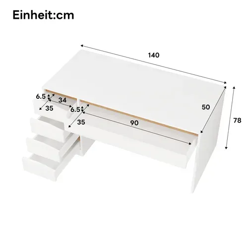 Bureau Rectangulaire 140x50x78 Cm Avec 5 Tiroirs De Rangement, Panneaux De Particules, Blanc
