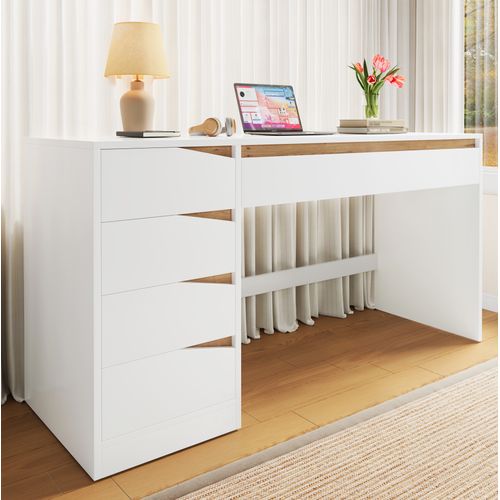 Bureau Rectangulaire 140x50x78 Cm Avec 5 Tiroirs De Rangement, Panneaux De Particules, Blanc