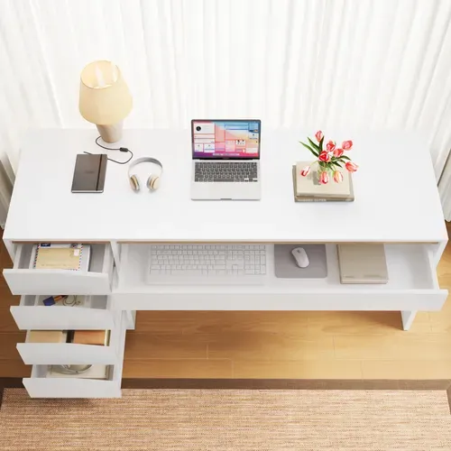 Bureau Rectangulaire 140x50x78 Cm Avec 5 Tiroirs De Rangement, Panneaux De Particules, Blanc