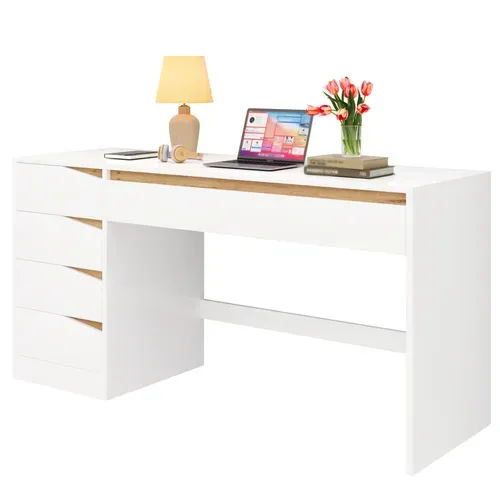 Bureau Rectangulaire 140x50x78 Cm Avec 5 Tiroirs De Rangement, Panneaux De Particules, Blanc