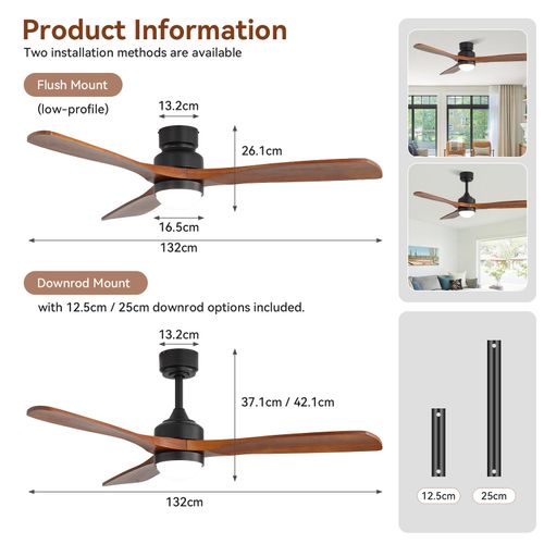 Ventilateur De Plafond 52 Pouces Avec LED Dimmable, Fonction Mémoire, En Bois Massif, Noir