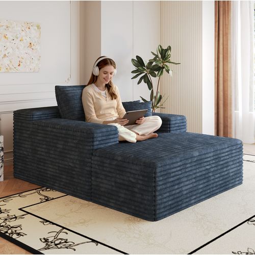 Canapé Méridienne 115x159x83 Cm En Corduroy Bleu