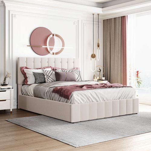 Lit 140x200cm, Lit Coffre Adulte Tissu Velours, Blanc Crème, Tête De Lit Réglable En Hauteur