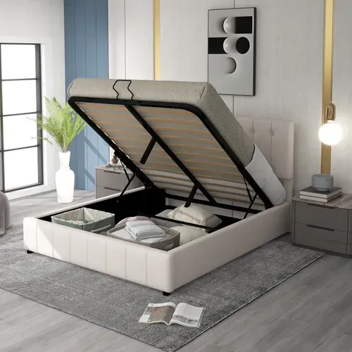 Lit 140x200cm, Lit Coffre Adulte Tissu Velours, Blanc Crème, Tête De Lit Réglable En Hauteur