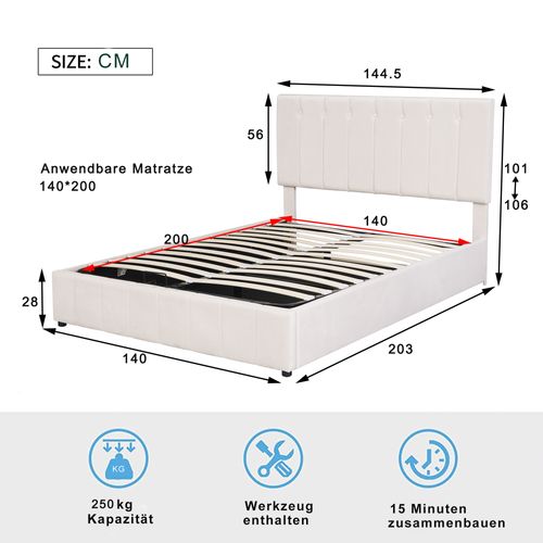 Lit 140x200cm, Lit Coffre Adulte Tissu Velours, Blanc Crème, Tête De Lit Réglable En Hauteur