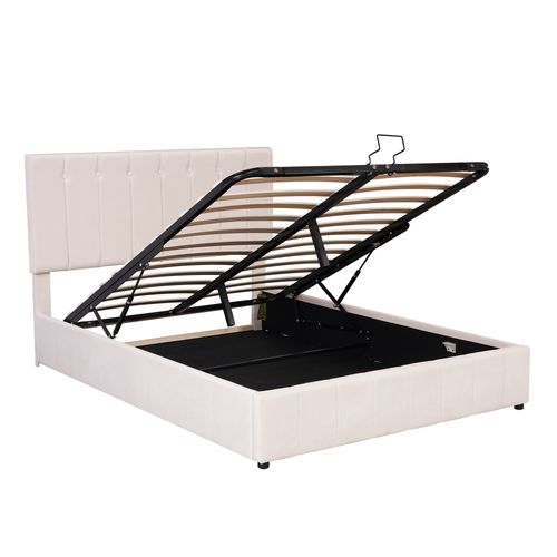 Lit 140x200cm, Lit Coffre Adulte Tissu Velours, Blanc Crème, Tête De Lit Réglable En Hauteur