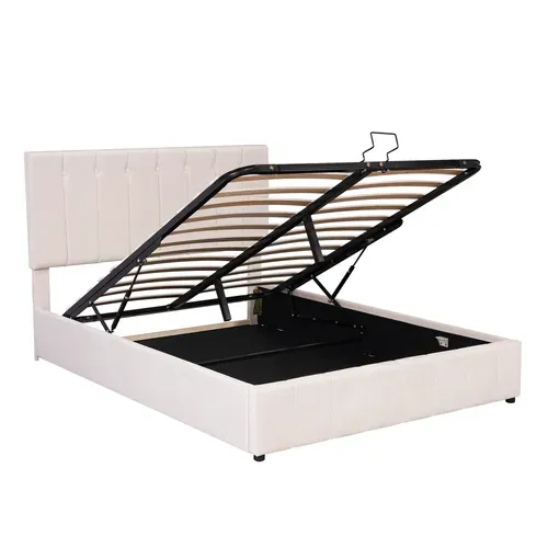 Lit 140x200cm, Lit Coffre Adulte Tissu Velours, Blanc Crème, Tête De Lit Réglable En Hauteur
