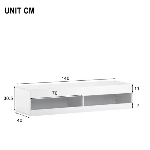 Meuble TV Suspendu Mural 140x40x30.5 Cm Blanc Avec LED, Ports USB Et Rangement Ouvert