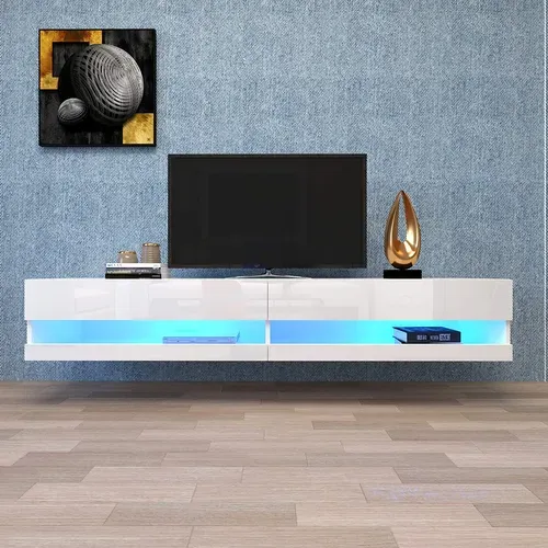 Meuble TV Suspendu Mural 140x40x30.5 Cm Blanc Avec LED, Ports USB Et Rangement Ouvert