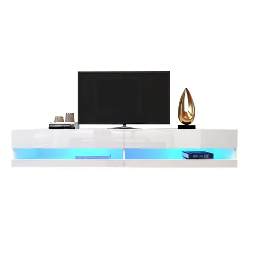 Meuble TV Suspendu Mural 140x40x30.5 Cm Blanc Avec LED, Ports USB Et Rangement Ouvert